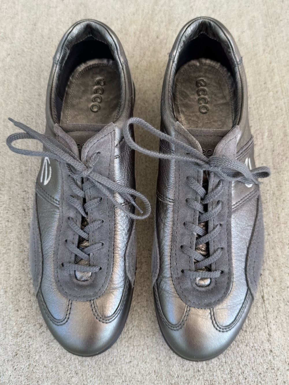 ECCO Life Tie Metallic Pewter Leather Sneakers Walking Shoes Women EU40 US 9-9.5